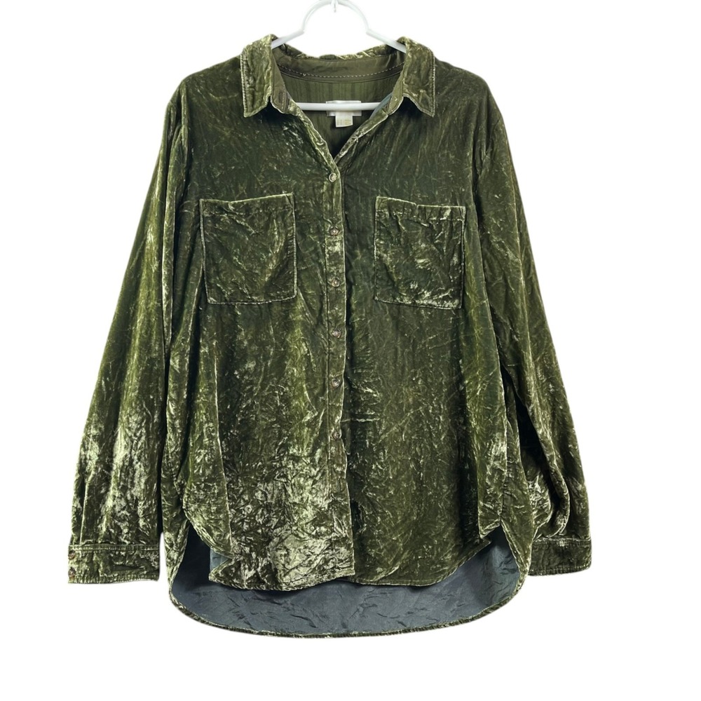 Anthropologie Maeve Karina Crushed Velvet Button Shirt Blouse Womens 14 Green